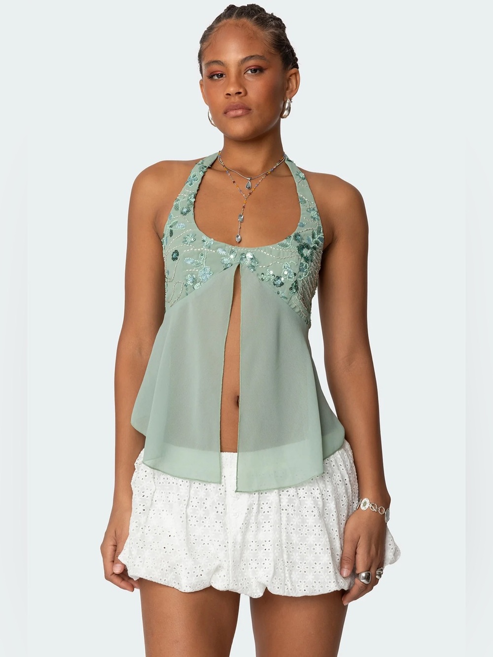 NWT Edikted “Sequin Chiffon Split Front Top” in Sage